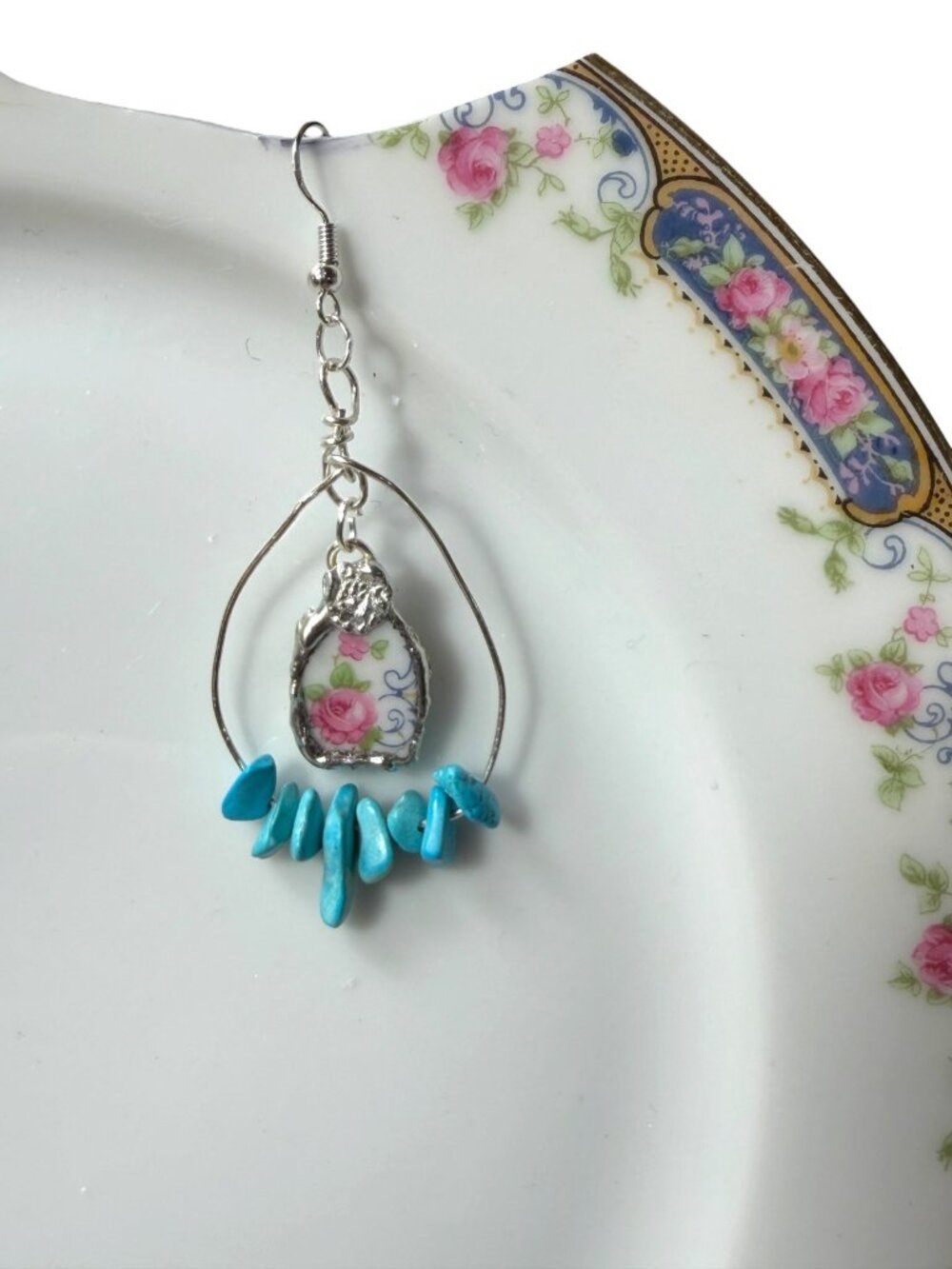 Bavaria Franklin 4177 Rose China Earrings - Genuine Turquoise Accents handmade - Picture 4 of 11